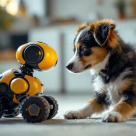 A photograph of a playful dog interacting with a robotic device