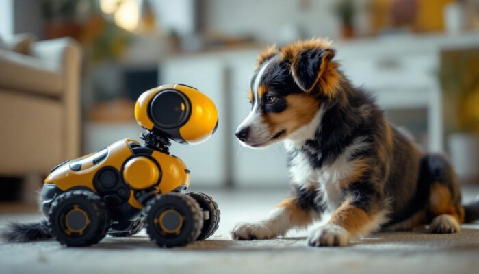 A photograph of a playful dog interacting with a robotic device