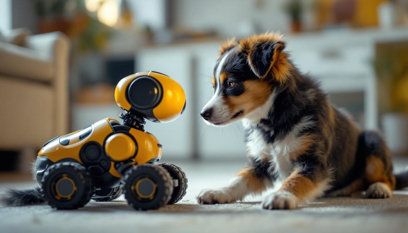 A photograph of a playful dog interacting with a robotic device