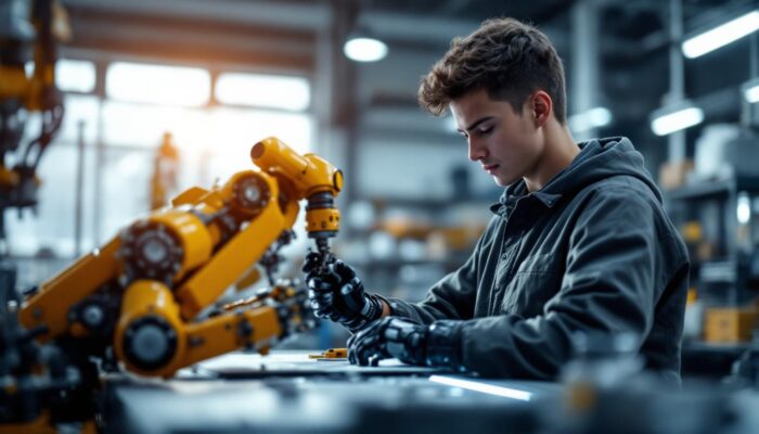 A photograph of a young teenager engaged in hands-on work with an industrial robot in a modern workshop setting