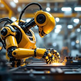 A photograph of a dynamic industrial robot in action