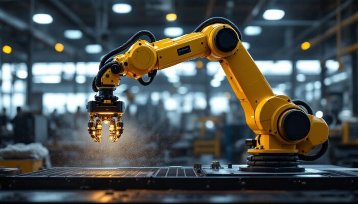 A photograph of a sleek industrial robotic arm in action