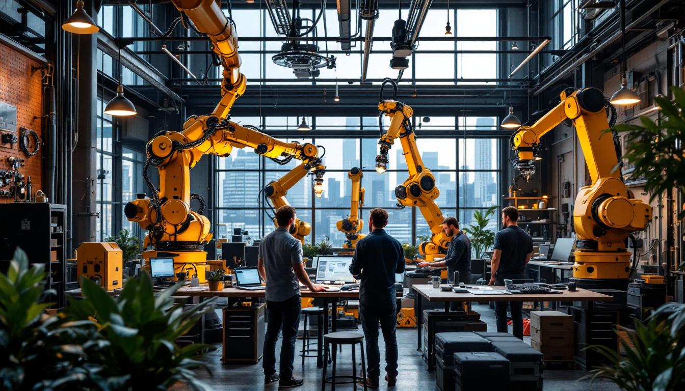 A photograph of a dynamic industrial robotics workspace in nyc