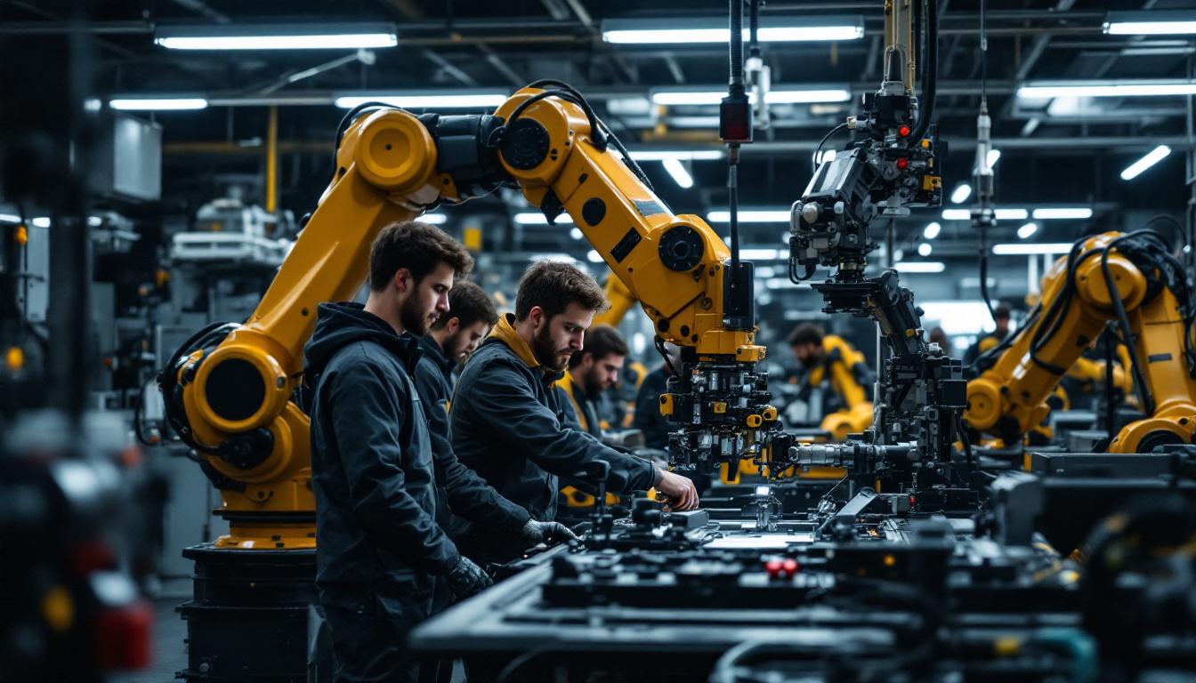 A photograph of a dynamic industrial robotics workspace