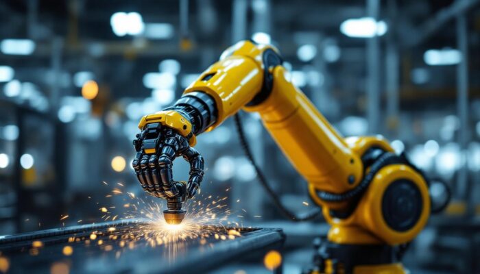 A photograph of a sleek industrial robotic arm in action