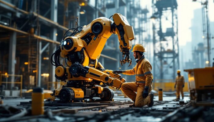 A photograph of a state-of-the-art industrial robot in action on a construction site