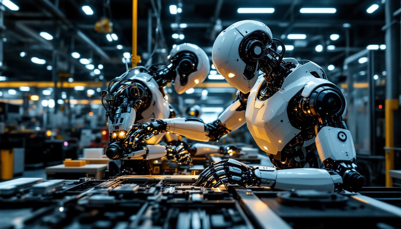 A photograph of a sleek industrial robot in action on a factory floor