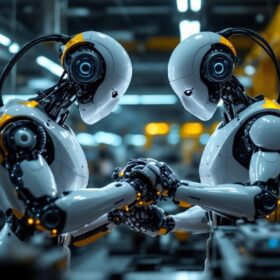 A photograph of a sleek industrial robot in action within a modern manufacturing environment