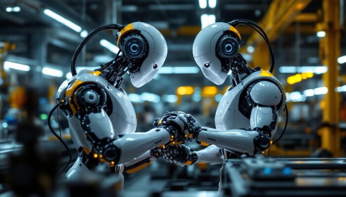 A photograph of a sleek industrial robot in action within a modern manufacturing environment