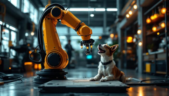 A photograph of a sleek industrial robotic arm in action