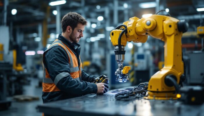 A photograph of a skilled technician operating a trimble industrial robotic system in a dynamic work environment