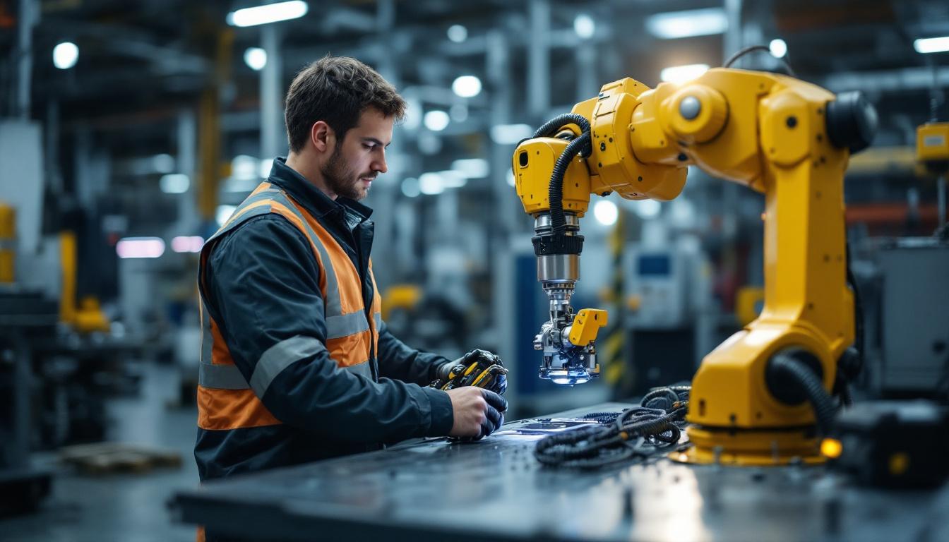 A photograph of a skilled technician operating a trimble industrial robotic system in a dynamic work environment
