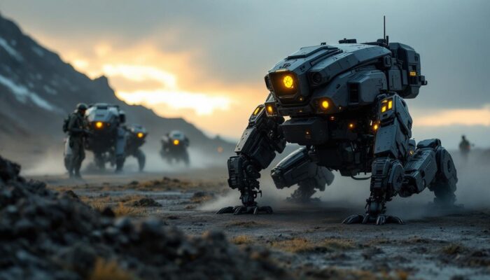 A photograph of a dynamic scene featuring advanced military robots in action