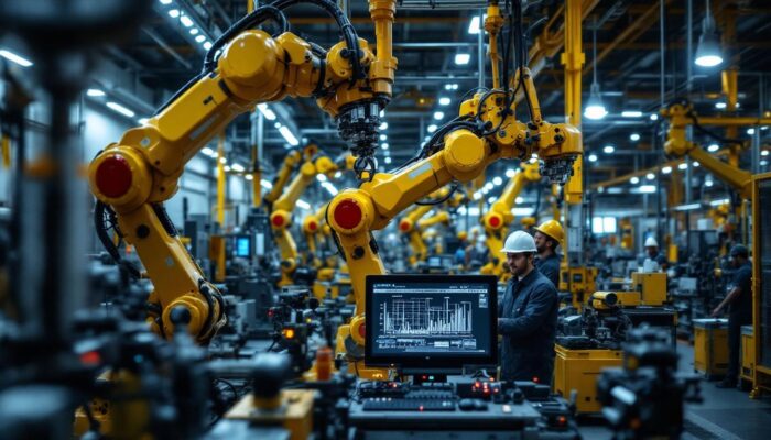 A photograph of a busy industrial workspace featuring advanced robotic machinery in action
