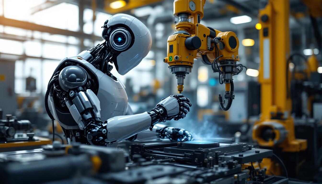 A photograph of a sleek industrial robot in action within a manufacturing environment