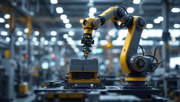 A photograph of a sleek industrial robotic arm in action