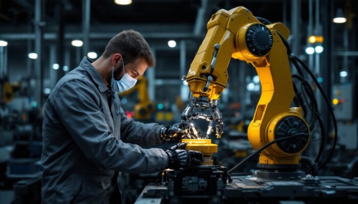 A photograph of a skilled technician operating an industrial robotic arm in a modern manufacturing environment