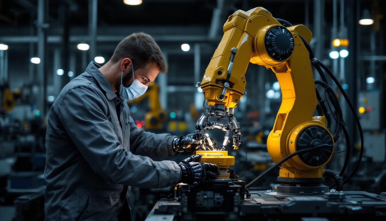 A photograph of a skilled technician operating an industrial robotic arm in a modern manufacturing environment