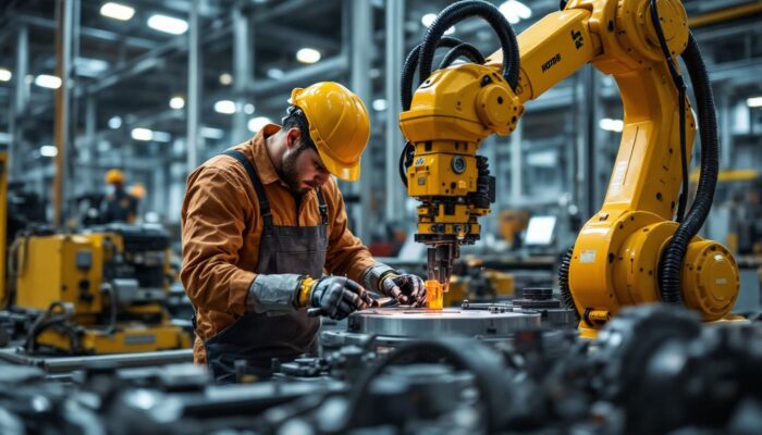 A photograph of a skilled technician assembling industrial robotic components for stair and landing construction
