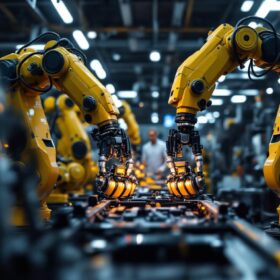 A photograph of a modern mechanic workshop featuring industrial robots in action