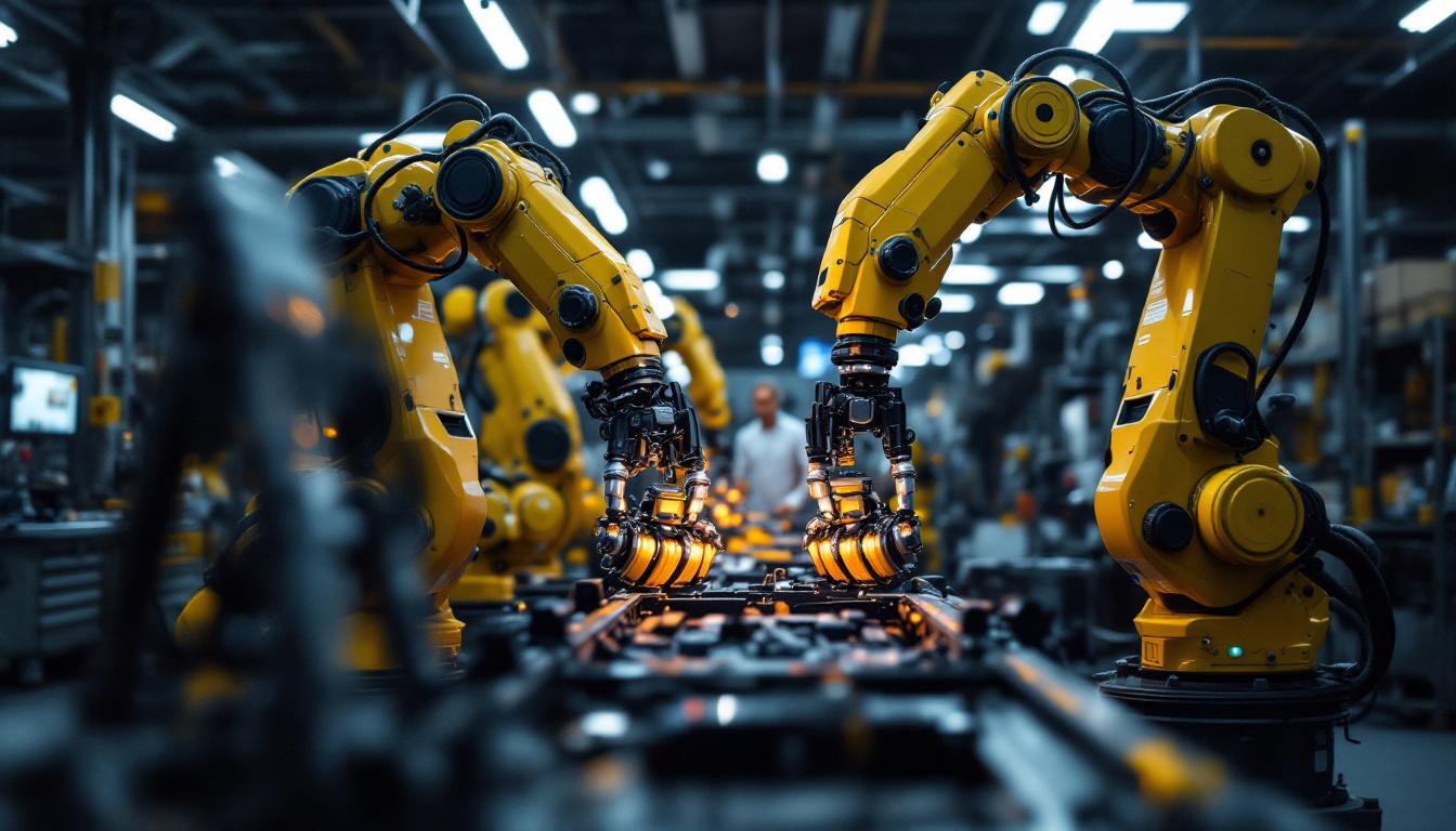 A photograph of a modern mechanic workshop featuring industrial robots in action