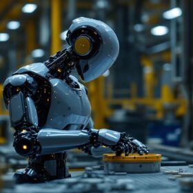 A photograph of a sleek industrial robot in action within a manufacturing environment