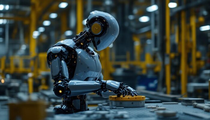 A photograph of a sleek industrial robot in action within a manufacturing environment