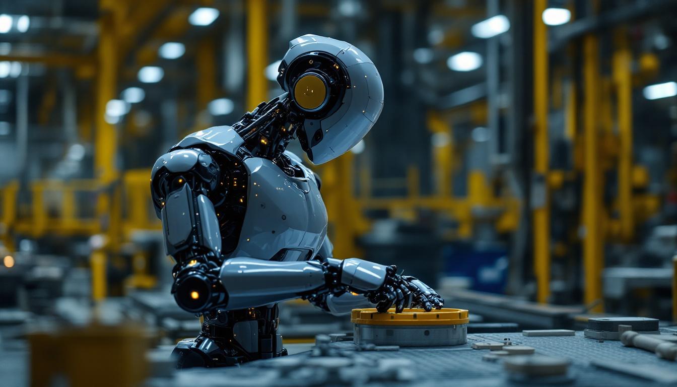 A photograph of a sleek industrial robot in action within a manufacturing environment