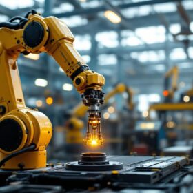 A photograph of a dynamic industrial robotic arm in action within a boston-based manufacturing facility