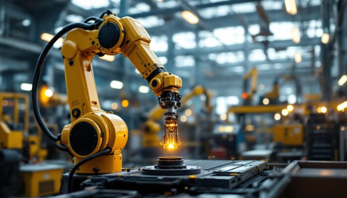 A photograph of a dynamic industrial robotic arm in action within a boston-based manufacturing facility