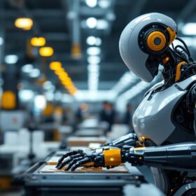 A photograph of a sleek industrial robot in action within a manufacturing setting