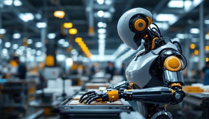 A photograph of a sleek industrial robot in action within a manufacturing setting
