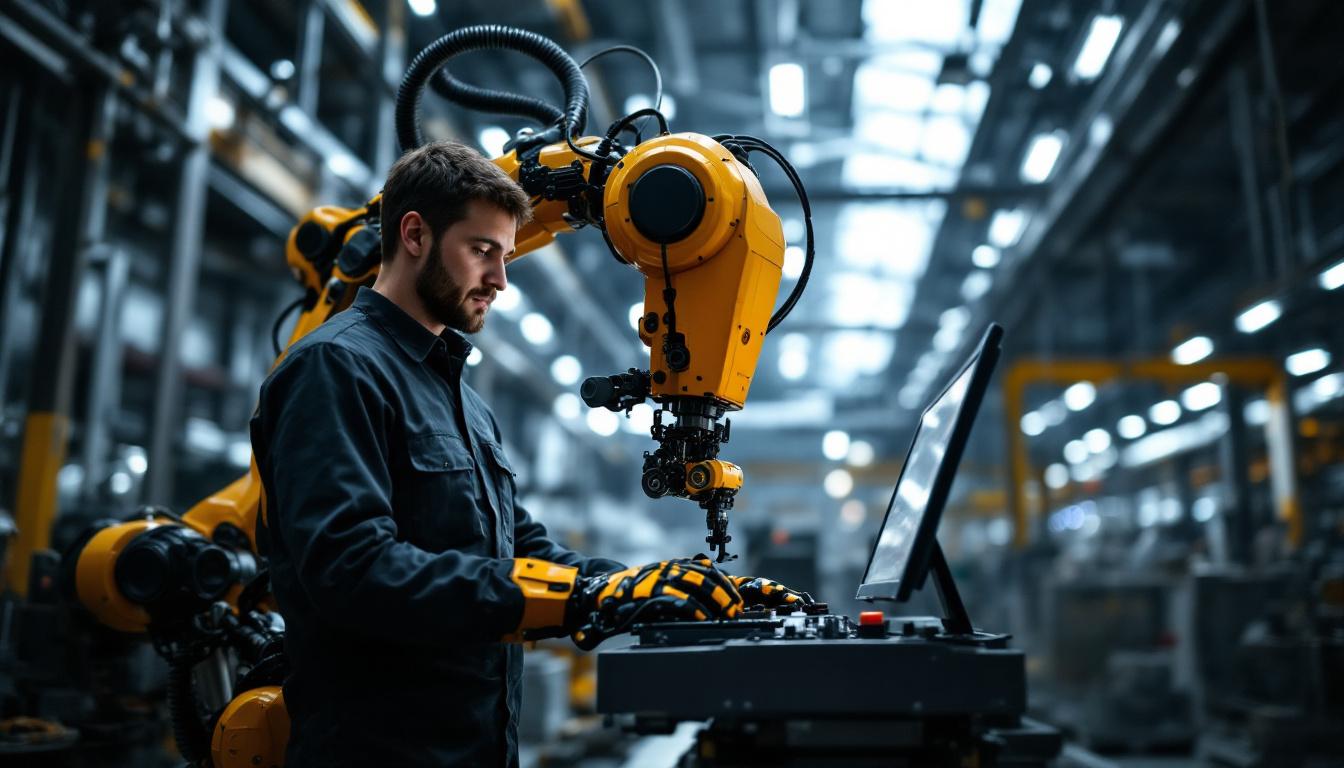 A photograph of a skilled technician operating a state-of-the-art industrial robot in a bustling twin ports manufacturing facility