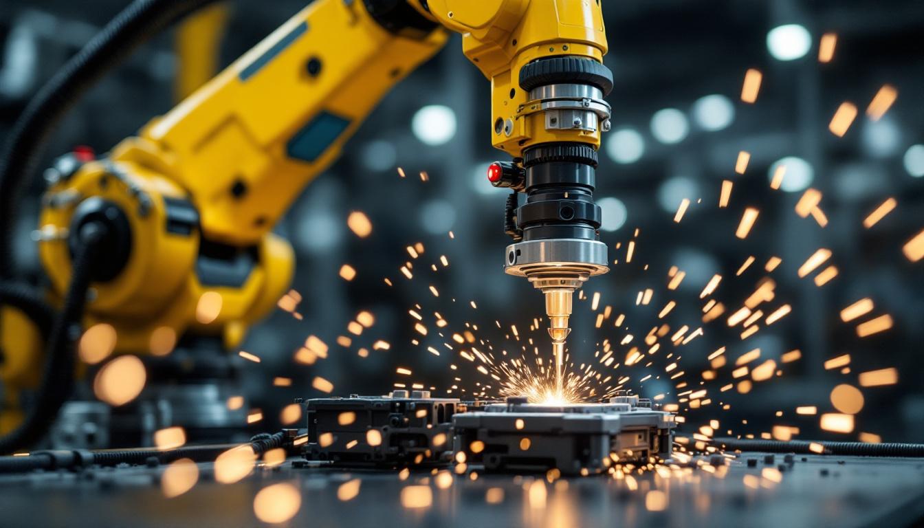 A photograph of a dynamic industrial robotic arm in action