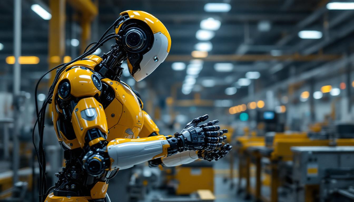 A photograph of a sleek industrial robot in action within a modern manufacturing environment