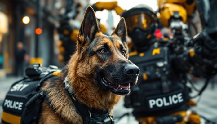 A photograph of a police dog in action