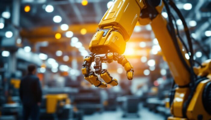 A photograph of a close-up of a robotic arm in an industrial setting