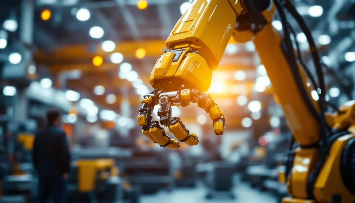 A photograph of a close-up of a robotic arm in an industrial setting
