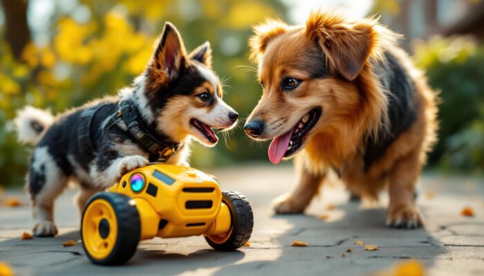 A photograph of a playful dog interacting with a high-tech remote-controlled toy in a vibrant outdoor setting