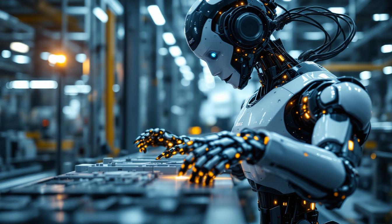 A photograph of a sleek industrial robot in action within a modern manufacturing environment