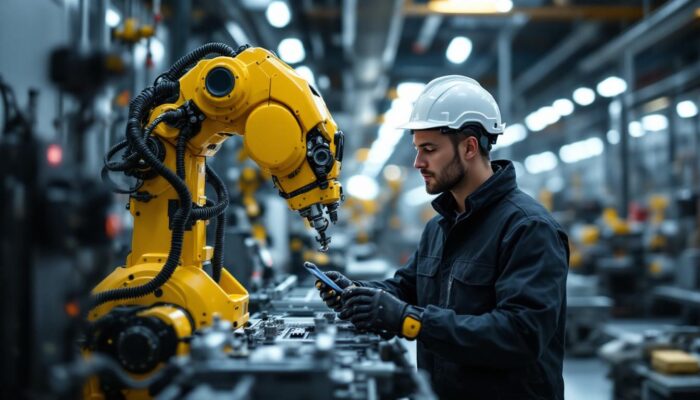 A photograph of a dynamic industrial setting featuring a mechatronics engineer interacting with advanced robotic systems