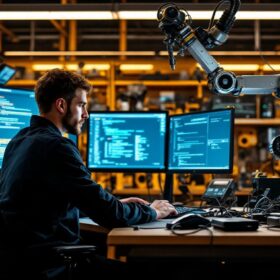 A photograph of a skilled embedded software engineer working intently at a workstation