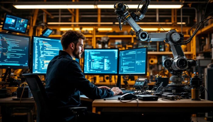 A photograph of a skilled embedded software engineer working intently at a workstation