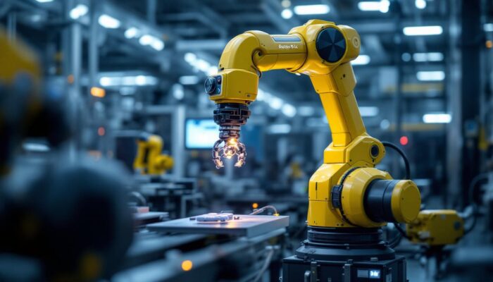 A photograph of a sleek industrial robotic arm in action within a high-tech manufacturing environment