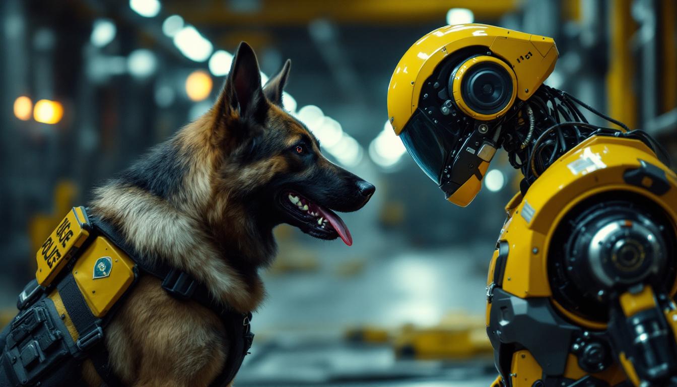 A photograph of a police k9 in action alongside a state-of-the-art industrial robot