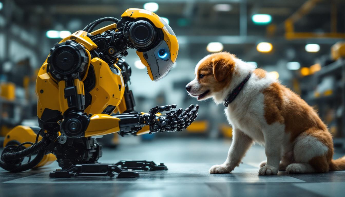 A photograph of a playful dog interacting with a sleek industrial robot in a dynamic workshop setting