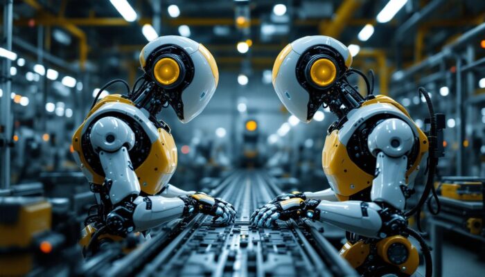 A photograph of a pair of industrial robots working collaboratively on an assembly line