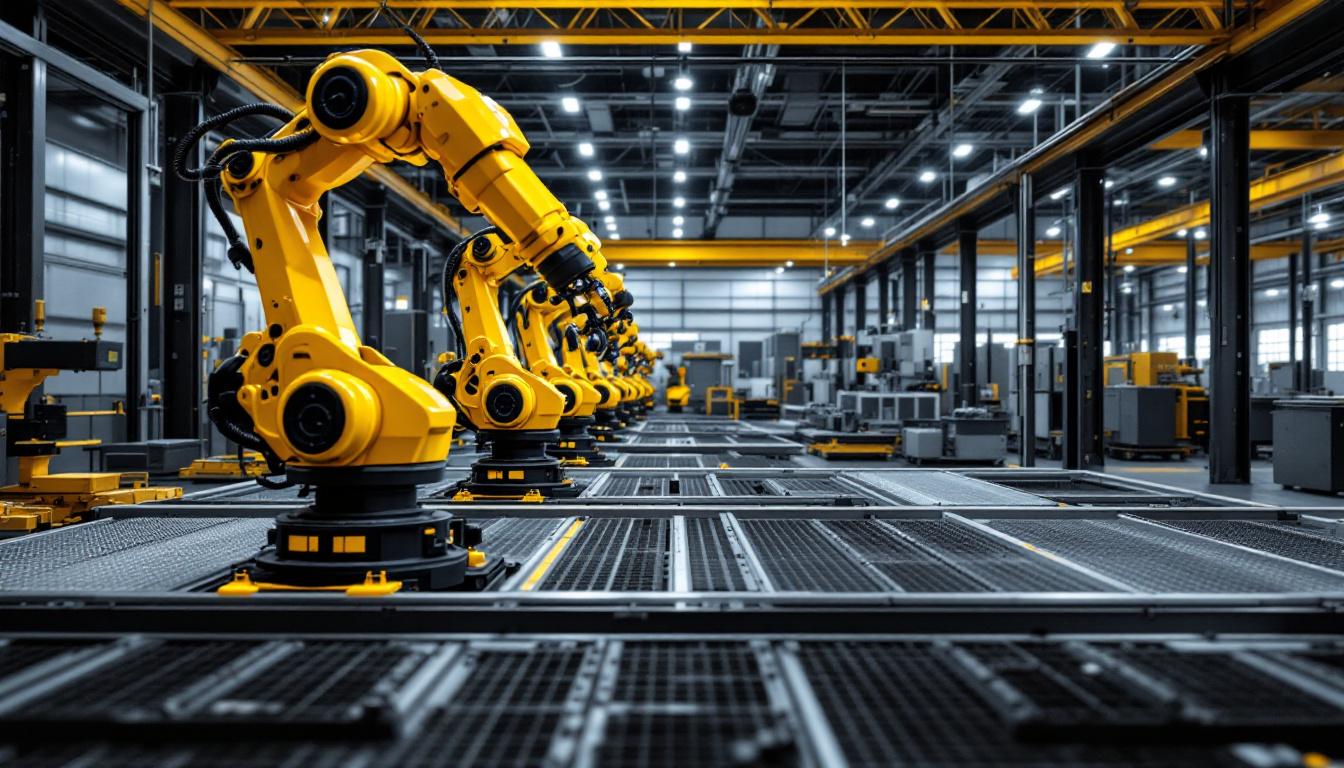 A photograph of a well-structured industrial workspace featuring t-slotted aluminum framing