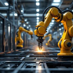 A photograph of a sleek industrial robotic arm in action within a modern manufacturing environment