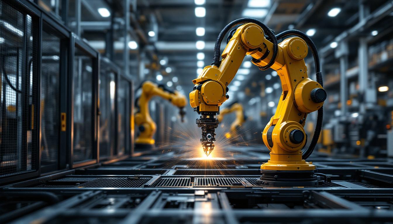 A photograph of a sleek industrial robotic arm in action within a modern manufacturing environment